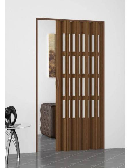 Porta a soffietto con vetri col noce