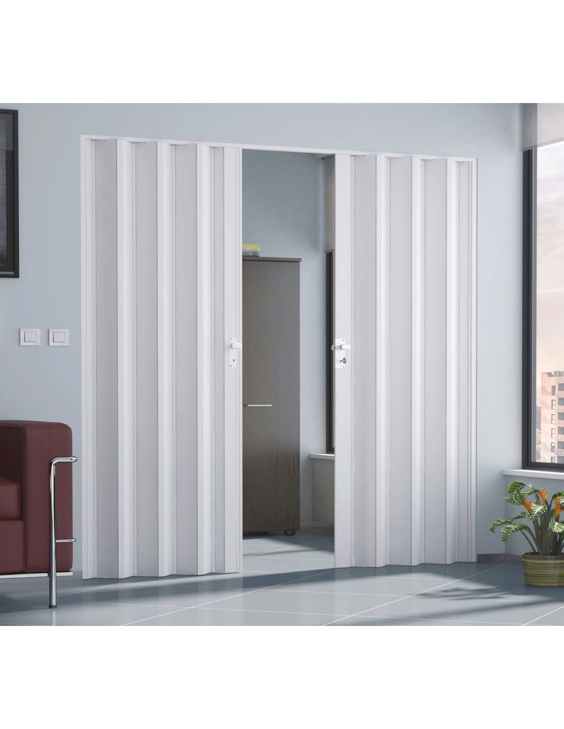 Porta a soffietto su misura in PVC beige con vetrini scorrevole da interno